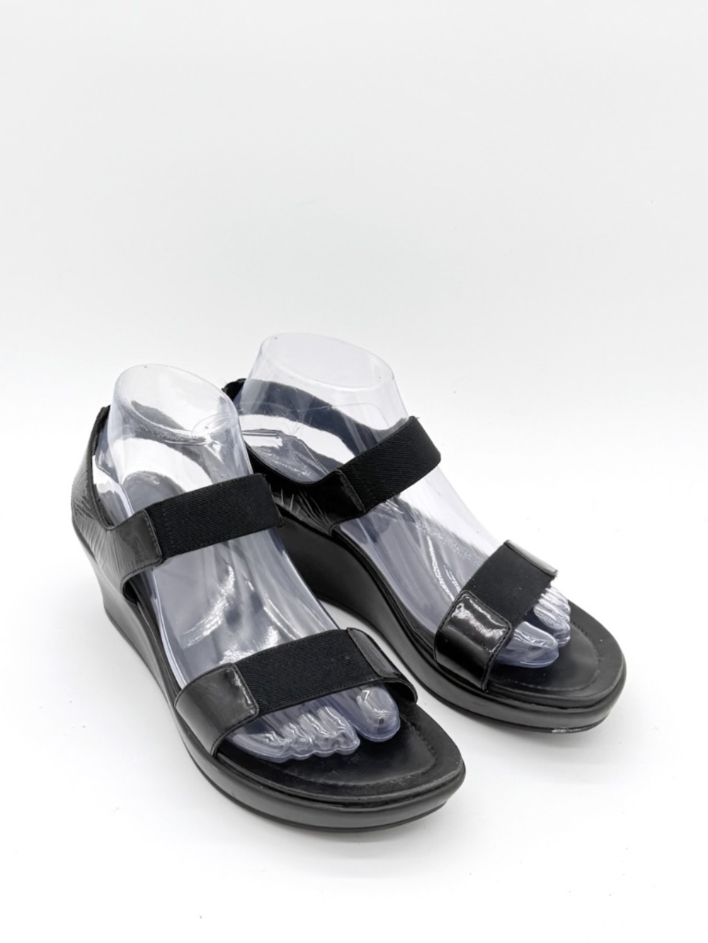 Dansko Surroya Black Patent Leather Wedge Sandals 39 Womens 8.5 9 Elastic Straps